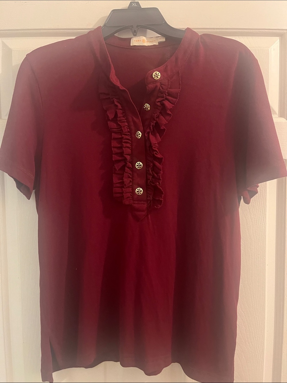 Tory Burch women’s ' Burgundy Ruffle Henley Tee